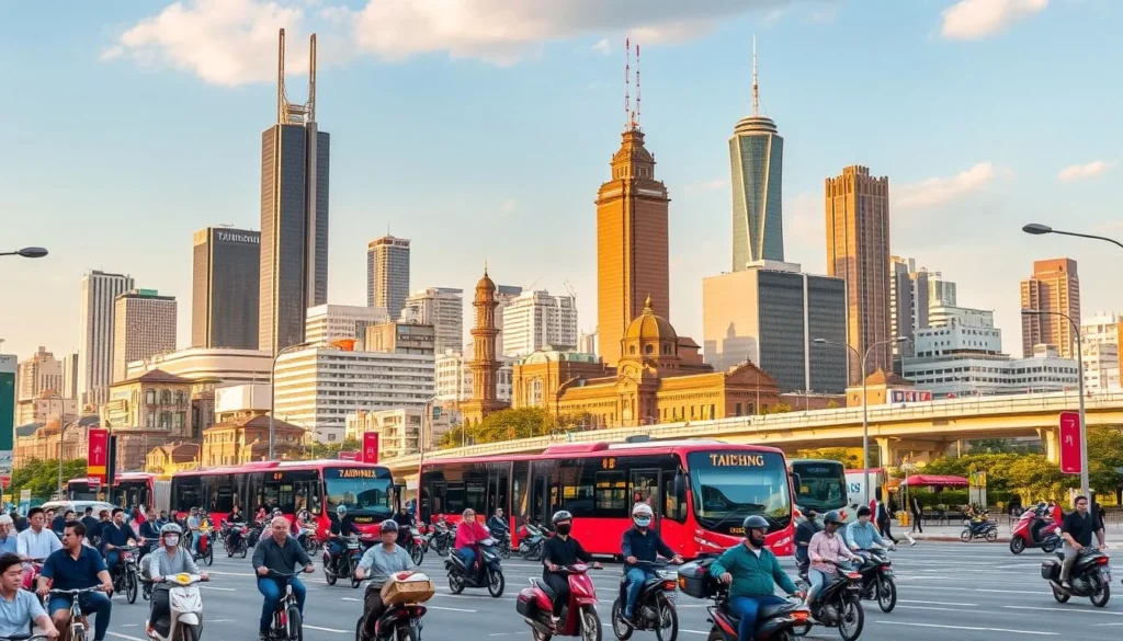 Taichung city transportation guide: A bustling urban landscape with a vibrant mix of modern and traditional modes of transport. In the foreground, people navigate the lively streets, seamlessly integrating bicycles, scooters, and pedestrians. The middle ground showcases the city's efficient public transit system, with sleek buses and a well-connected metro network. In the background, towering skyscrapers and historic landmarks create a visually striking skyline, bathed in warm, golden sunlight. The scene conveys a sense of energy, convenience, and a harmonious coexistence of modernity and heritage, capturing the essence of Taichung's transportation landscape.