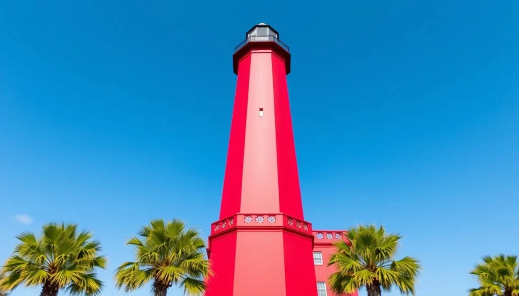 Tall red Ponce Inlet Lighthouse against blue sky in Volusia County, Florida Tall red Ponce Inlet Lighthouse against blue sky in Volusia County, Florida