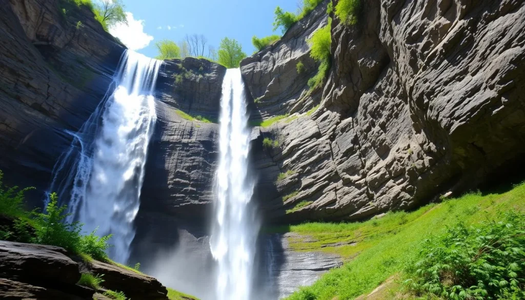 Taughannock Falls, the tallest single-drop waterfall east of the Rocky Mountains in Tompkins County Taughannock Falls, the tallest single-drop waterfall east of the Rocky Mountains in Tompkins County