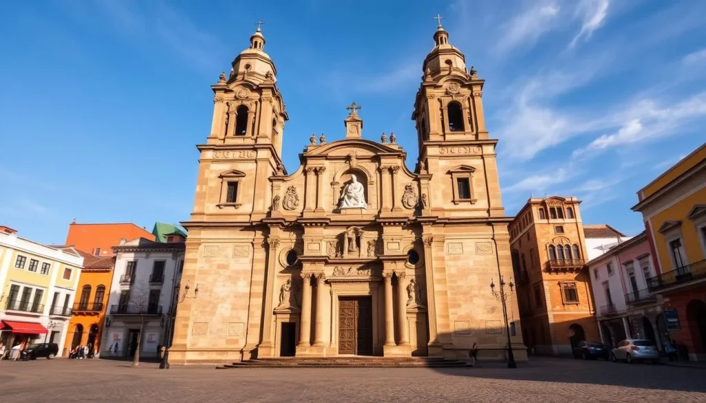 Templo de Santa Rosa de Viterbo, a magnificent 18th-century Baroque church in the historic center of Querétaro, Mexico. Capture its ornate facade with intricate stone carvings and twin bell towers soaring skyward on a bright, sunny day. The church's golden dome glistens in the warm light, surrounded by cobblestone streets and colorful colonial buildings. Showcase the grand, imposing architecture, with the foreground highlighting the church's ornate details, the middle ground featuring the surrounding historic district, and the background revealing the vibrant city skyline. Render this scene with a crisp, high-resolution lens, conveying a sense of reverence and timeless grandeur befitting Querétaro's religious heritage.