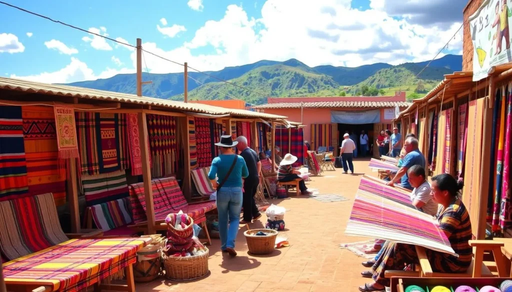 Teotitlán del Valle, a traditional Zapotec weaving village located 30 minutes outside of Oaxaca City, with vibrant textiles and weavers at work.