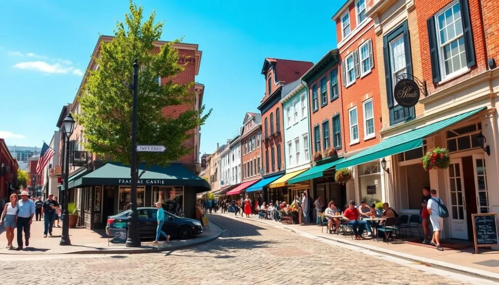 Thames Street shopping and dining area in Newport Rhode Island Thames Street shopping and dining area in Newport Rhode Island