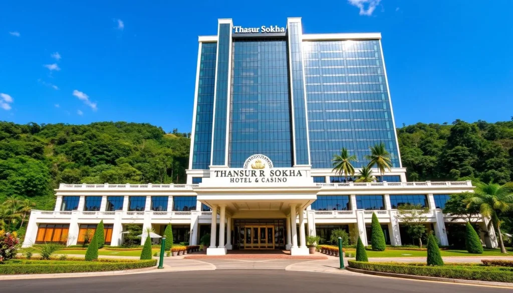 Thansur Sokha Hotel and Casino, a towering modern structure, stands in stark contrast against the lush, verdant backdrop of Bokor Mountain. Gleaming glass facades reflect the bright sunlight, accentuating the sleek, contemporary design. The hotel's grand entrance, flanked by ornate architectural elements, beckons visitors to explore its opulent interior. Manicured gardens and a grand porte-cochère set the stage for this luxurious, high-end resort amidst the natural wonders of Bokor Hill Station. Capture the striking juxtaposition of this modern development against the rugged, historical landscape of the region.