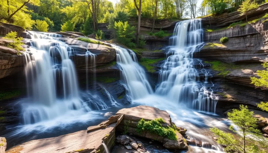 The 167-foot Chittenango Falls in Madison County, New York with water cascading over ancient bedrock