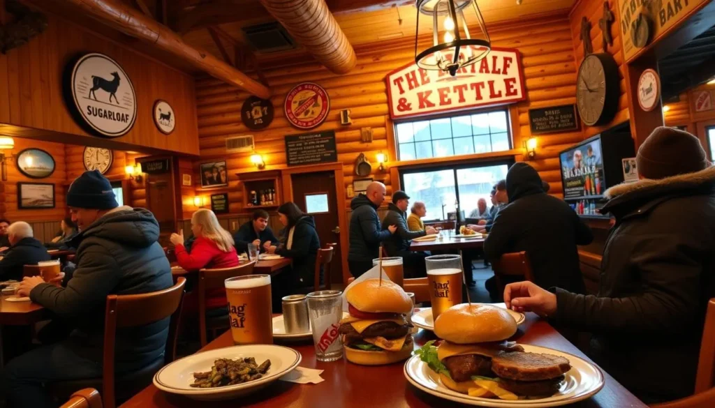 The Bag and Kettle restaurant interior with après-ski atmosphere in Carrabassett Valley Maine The Bag and Kettle restaurant interior with après-ski atmosphere in Carrabassett Valley Maine
