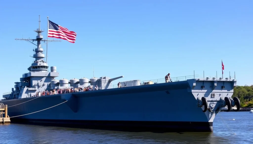 The Battleship North Carolina memorial with American flag flying against blue sky in Wilmington North Carolina The Battleship North Carolina memorial with American flag flying against blue sky in Wilmington North Carolina