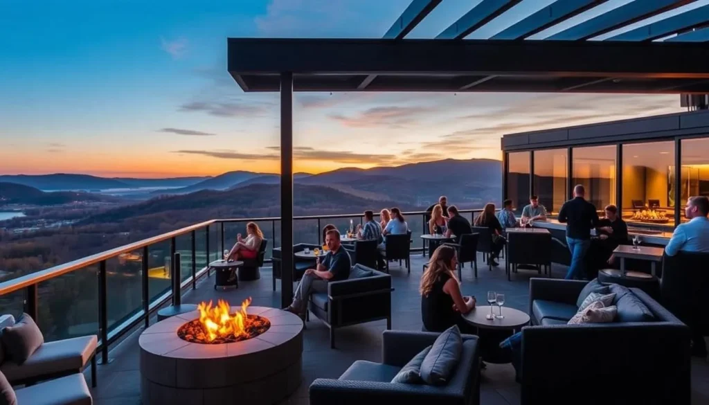 The Bristol Hotel rooftop bar with mountain views and comfortable seating area