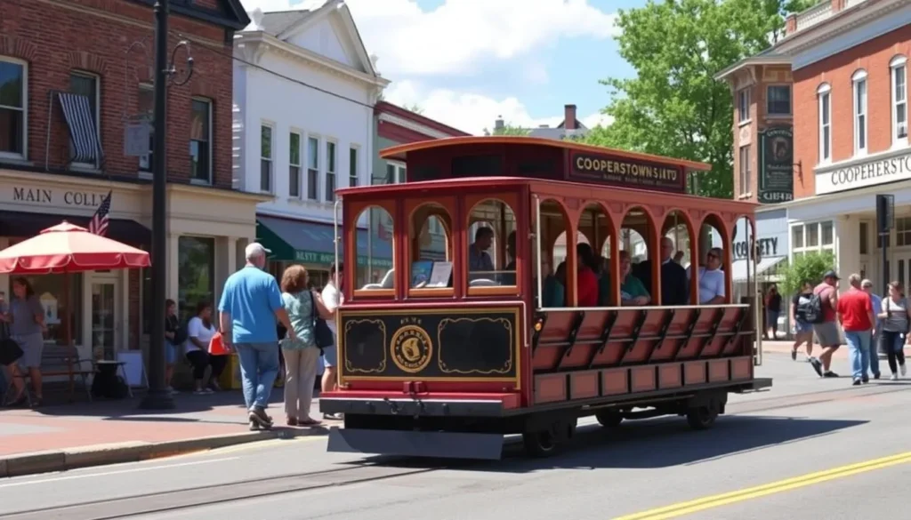 The Cooperstown Trolley transporting visitors along Main Street in Cooperstown The Cooperstown Trolley transporting visitors along Main Street in Cooperstown