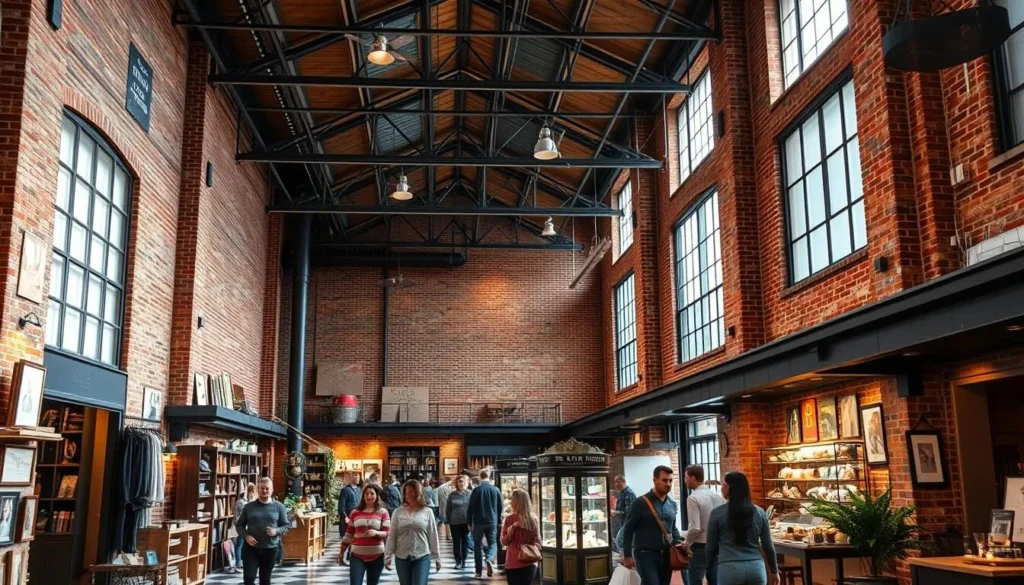 The Factory at Franklin's industrial-chic interior with shops, restaurants, and visitors exploring the converted historic factory space The Factory at Franklin's industrial-chic interior with shops, restaurants, and visitors exploring the converted historic factory space