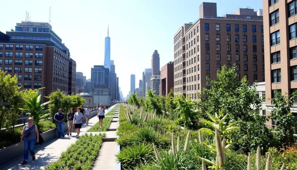 The High Line elevated park with lush plantings, walking paths and city views
