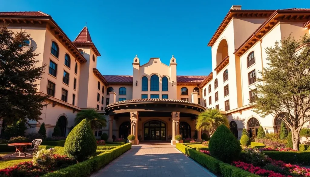 The Hotel Hershey exterior with its elegant architecture and beautiful gardens on a sunny day The Hotel Hershey exterior with its elegant architecture and beautiful gardens on a sunny day