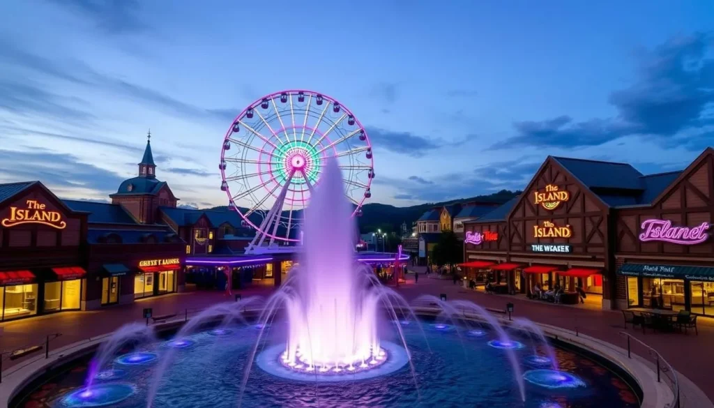 The Island in Pigeon Forge with its large observation wheel and fountain show at dusk The Island in Pigeon Forge with its large observation wheel and fountain show at dusk