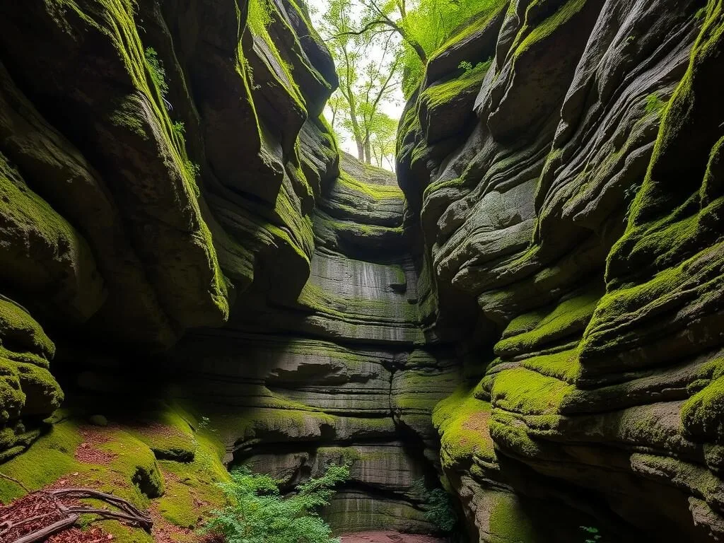 The Ledges rock formation in Cuyahoga Valley National Park with moss-covered stone walls The Ledges rock formation in Cuyahoga Valley National Park with moss-covered stone walls