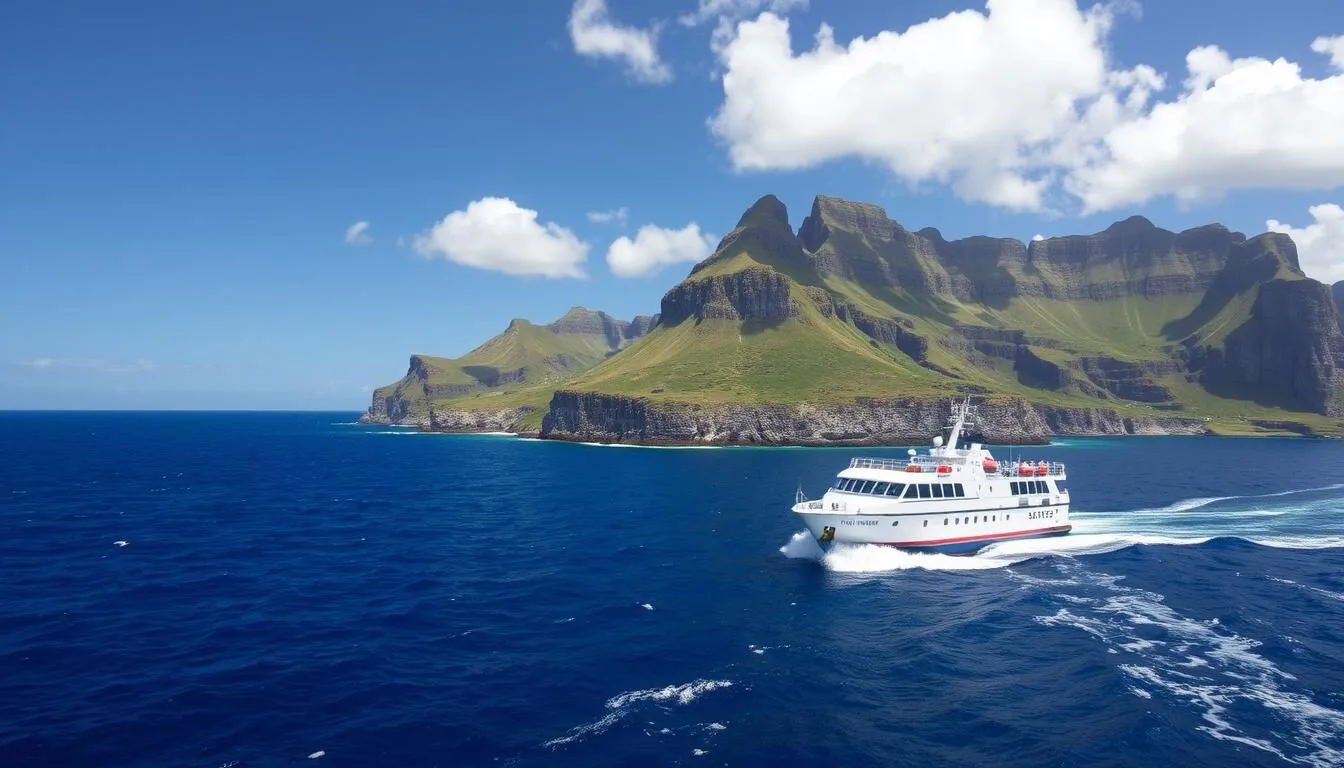 The MV Silver Supporter approaching Pitcairn Island with dramatic cliffs in the background