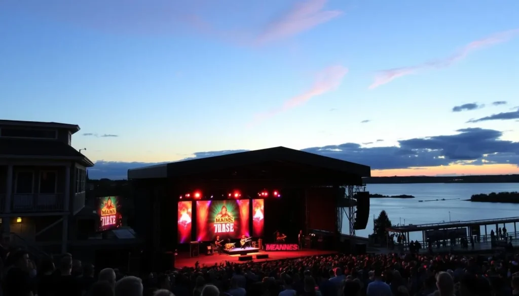 The Maine Savings Amphitheater on Bangor's waterfront during a concert with crowds and stage lights The Maine Savings Amphitheater on Bangor's waterfront during a concert with crowds and stage lights