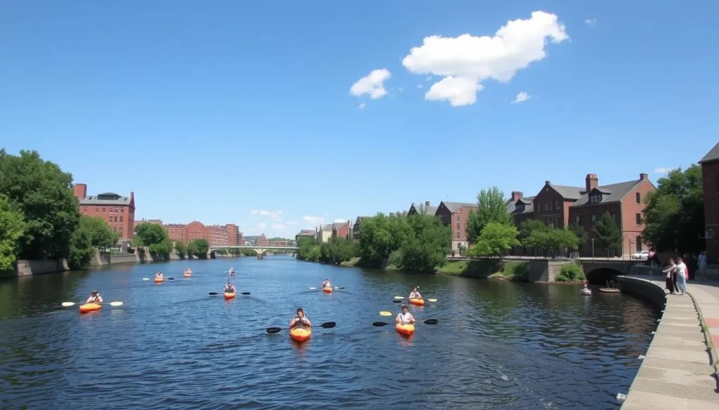 The Merrimack River in Lowell with kayakers enjoying the water on a sunny day The Merrimack River in Lowell with kayakers enjoying the water on a sunny day