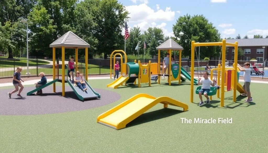 The Miracle Field inclusive playground with accessible equipment and rubberized surfaces for children of all abilities The Miracle Field inclusive playground with accessible equipment and rubberized surfaces for children of all abilities