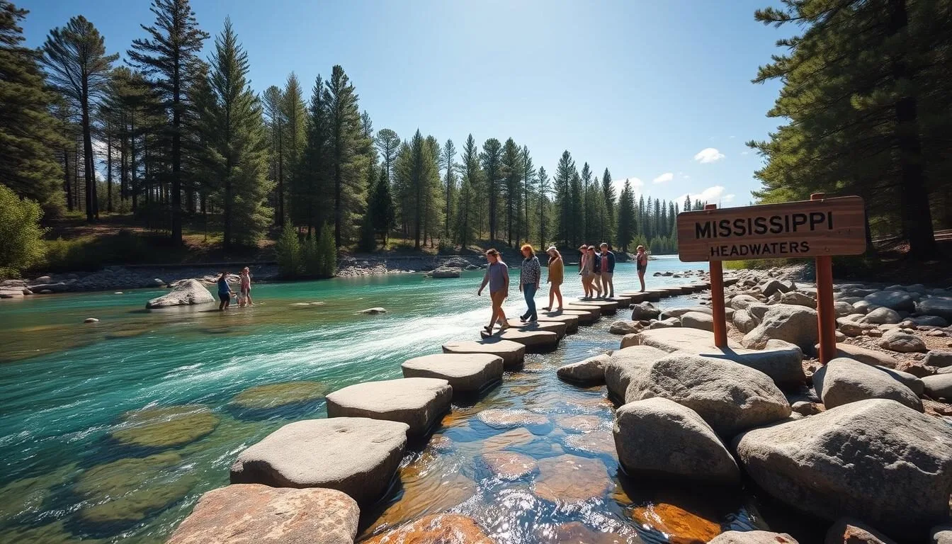 The Mississippi Headwaters at Lake Itasca, Minnesota, where visitors can walk across the beginning of the mighty river on stepping stones