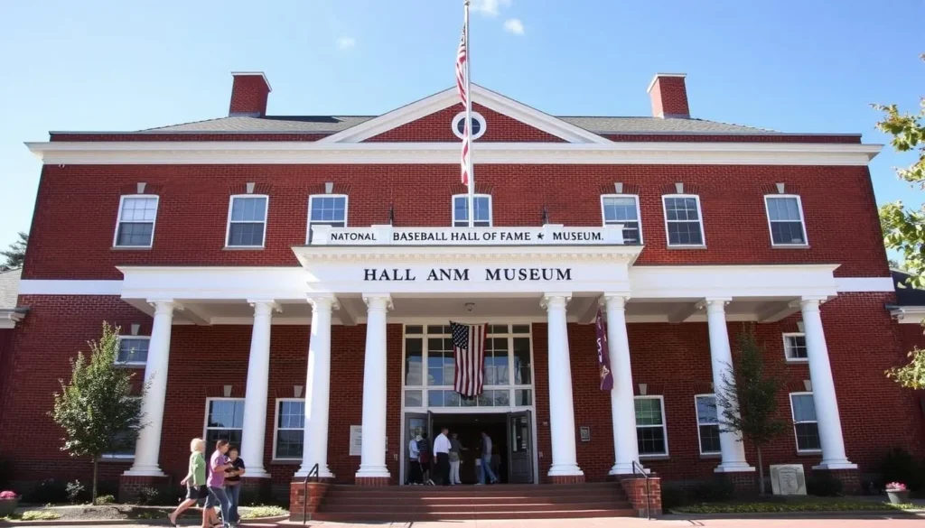 The National Baseball Hall of Fame and Museum in Cooperstown with visitors entering the iconic building The National Baseball Hall of Fame and Museum in Cooperstown with visitors entering the iconic building
