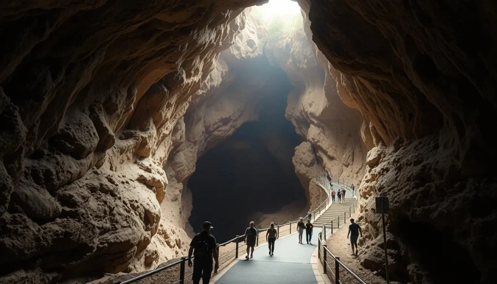 The Natural Entrance trail descending into Carlsbad Caverns with visitors walking down the paved pathway The Natural Entrance trail descending into Carlsbad Caverns with visitors walking down the paved pathway