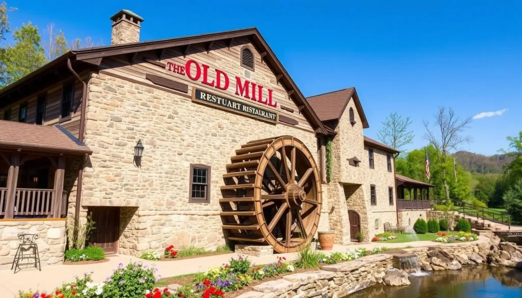 The Old Mill Restaurant in Pigeon Forge with its historic water wheel and rustic building The Old Mill Restaurant in Pigeon Forge with its historic water wheel and rustic building