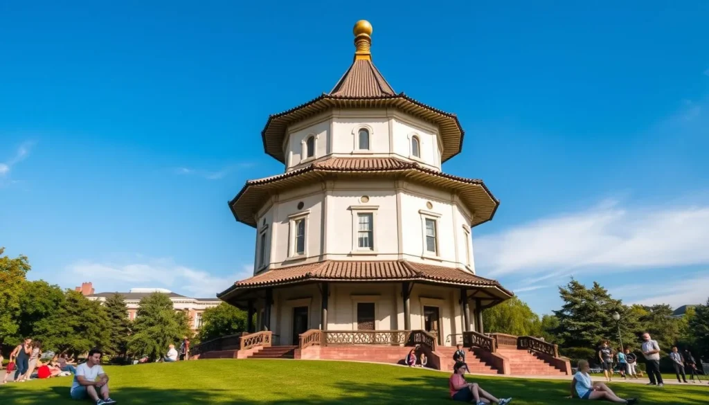The Pagoda in Patterson Park with people enjoying recreational activities on the lawn The Pagoda in Patterson Park with people enjoying recreational activities on the lawn