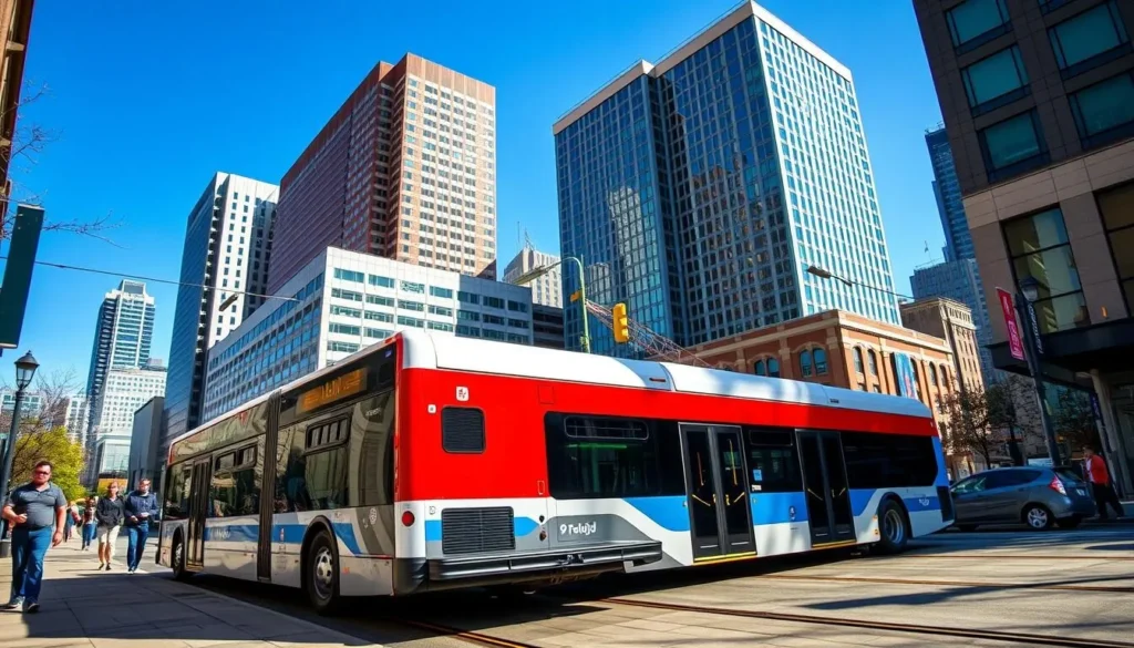 The Rapid bus system in downtown Grand Rapids with pedestrians The Rapid bus system in downtown Grand Rapids with pedestrians