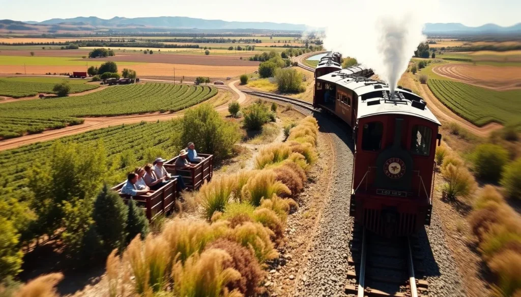 The River Fox Train traveling through Yolo County countryside with passengers enjoying scenic views The River Fox Train traveling through Yolo County countryside with passengers enjoying scenic views