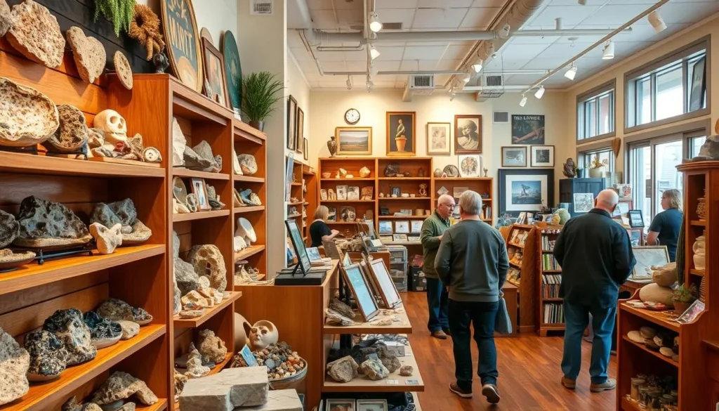 The Rock and Art Shop in downtown Bangor displaying unique natural history items and local artwork The Rock and Art Shop in downtown Bangor displaying unique natural history items and local artwork