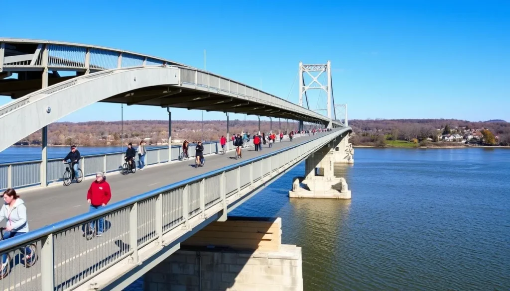 The Walkway Over the Hudson in Dutchess County New York with people enjoying the pedestrian bridge and panoramic river views The Walkway Over the Hudson in Dutchess County New York with people enjoying the pedestrian bridge and panoramic river views