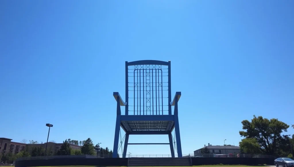 The World's Largest Chair in Anniston towering against blue sky The World's Largest Chair in Anniston towering against blue sky