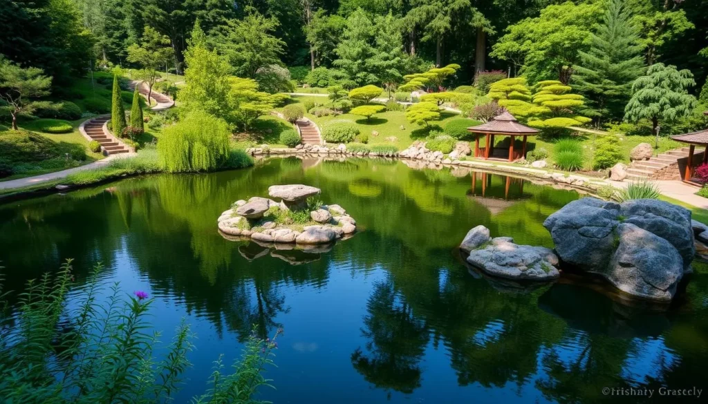 The beautiful Innisfree Garden in Dutchess County New York with its serene lake and landscaped gardens inspired by Asian design The beautiful Innisfree Garden in Dutchess County New York with its serene lake and landscaped gardens inspired by Asian design