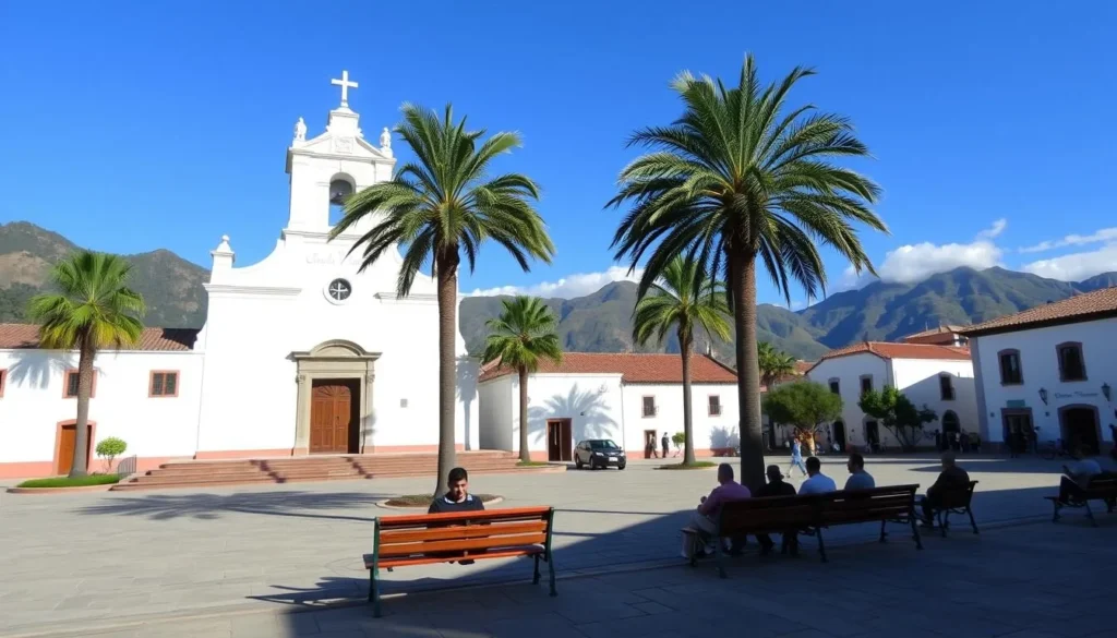 The central plaza of Vilcabamba with its church, palm trees, and locals relaxing on benches on a sunny day The central plaza of Vilcabamba with its church, palm trees, and locals relaxing on benches on a sunny day