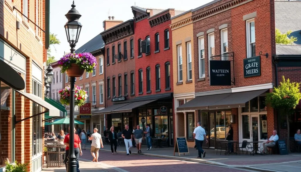 The charming main street of Watkins Glen with shops and restaurants in Schuyler County, New York