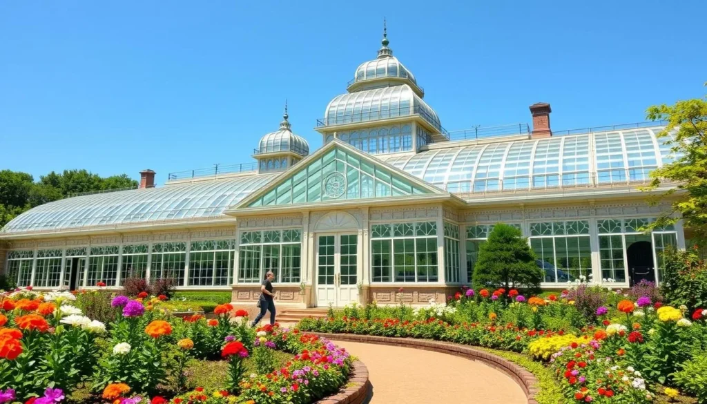 The conservatory at New York Botanical Garden in Bronx County with seasonal flowers The conservatory at New York Botanical Garden in Bronx County with seasonal flowers