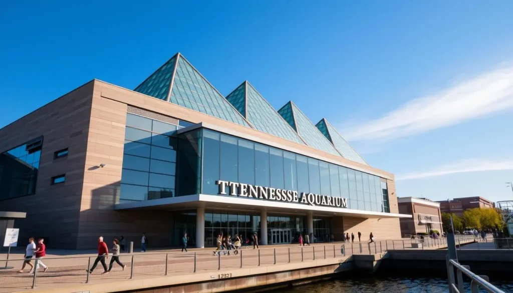The distinctive glass peaks of the Tennessee Aquarium building along the Chattanooga riverfront The distinctive glass peaks of the Tennessee Aquarium building along the Chattanooga riverfront