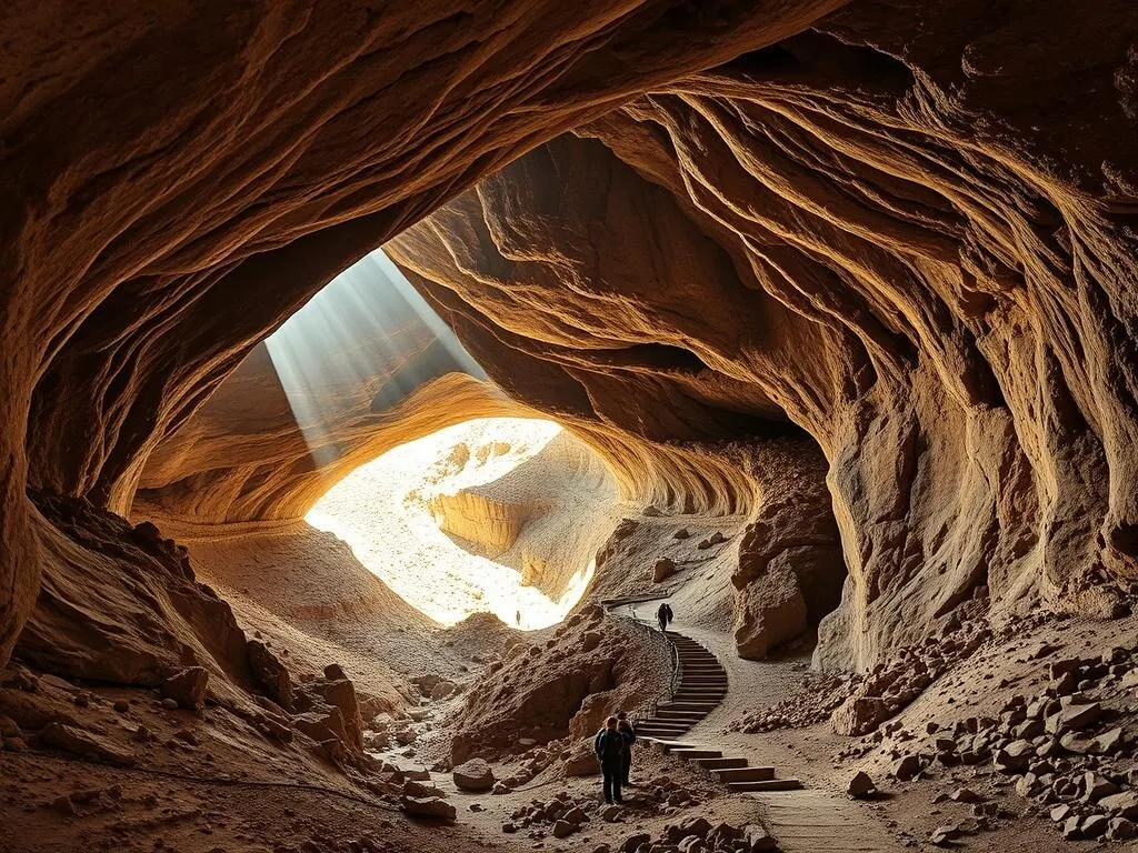 The dramatic Natural Entrance to Carlsbad Caverns with sunlight filtering into the darkness The dramatic Natural Entrance to Carlsbad Caverns with sunlight filtering into the darkness