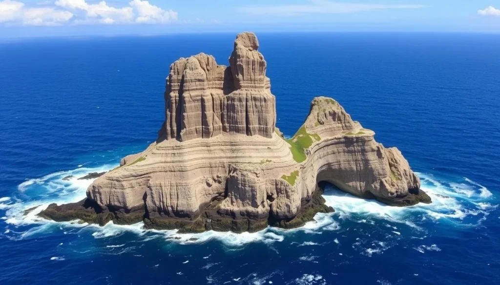 The dramatic Tindabana rock formation rising 70 meters above the coastline The dramatic Tindabana rock formation rising 70 meters above the coastline