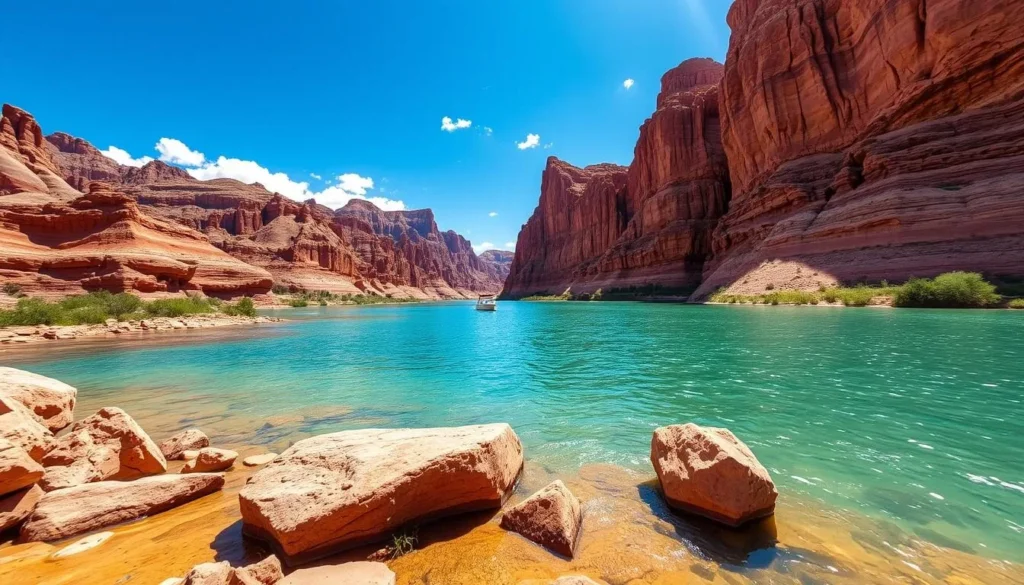 The dramatic red rock formations of Topock Gorge on the Colorado River near Lake Havasu City