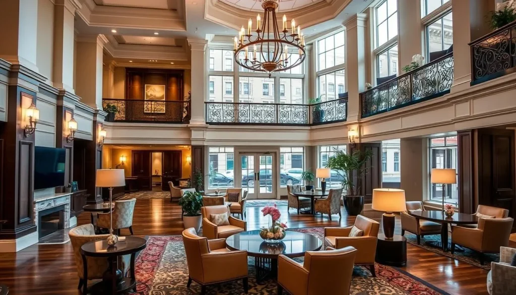 The elegant lobby of The Harpeth hotel in downtown Franklin with its sophisticated Southern decor The elegant lobby of The Harpeth hotel in downtown Franklin with its sophisticated Southern decor