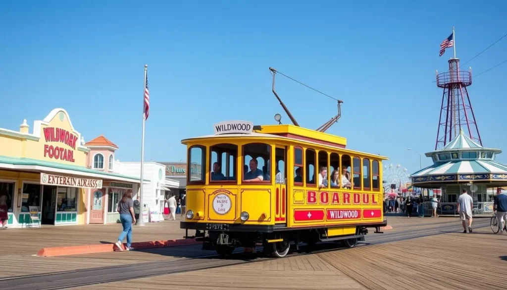 The famous Wildwood Tramcar on the boardwalk with passengers The famous Wildwood Tramcar on the boardwalk with passengers