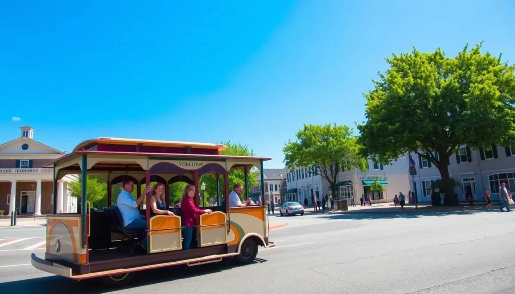 The free Yorktown Trolley transporting visitors between major attractions on a sunny day The free Yorktown Trolley transporting visitors between major attractions on a sunny day