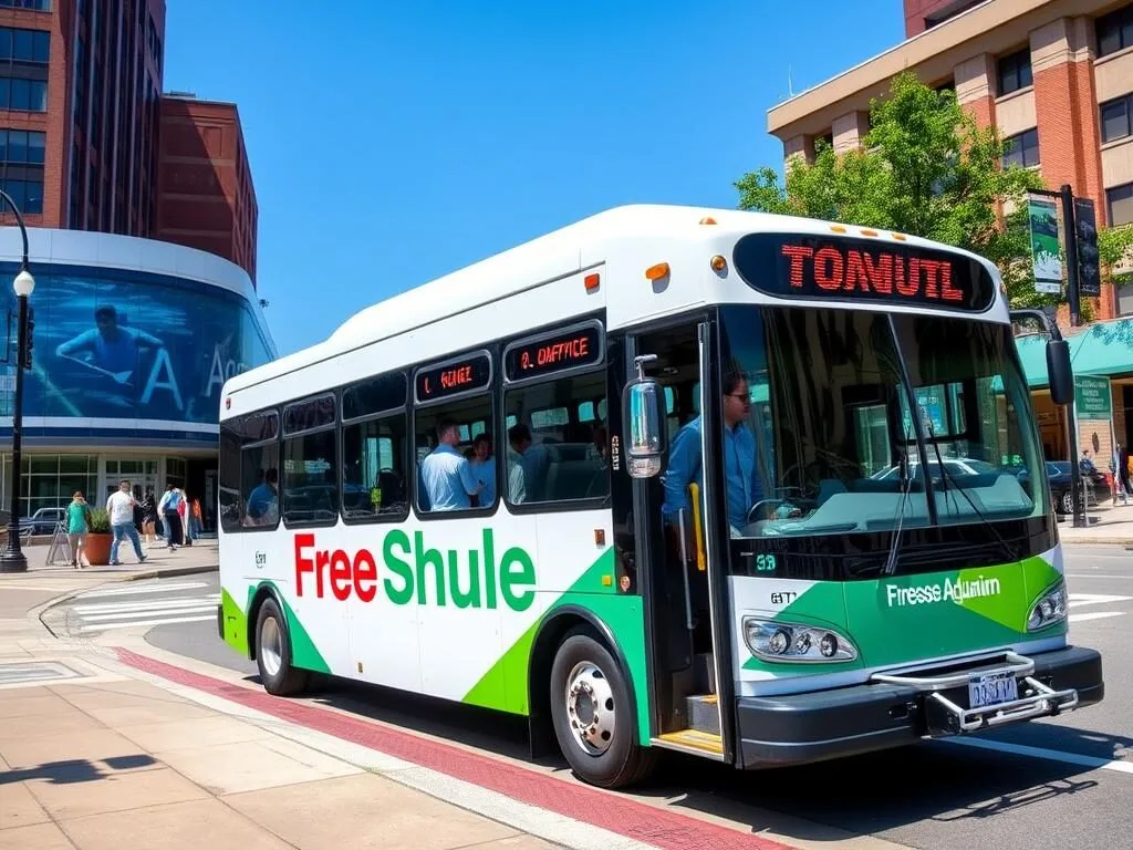 The free electric shuttle in downtown Chattanooga with passengers boarding The free electric shuttle in downtown Chattanooga with passengers boarding