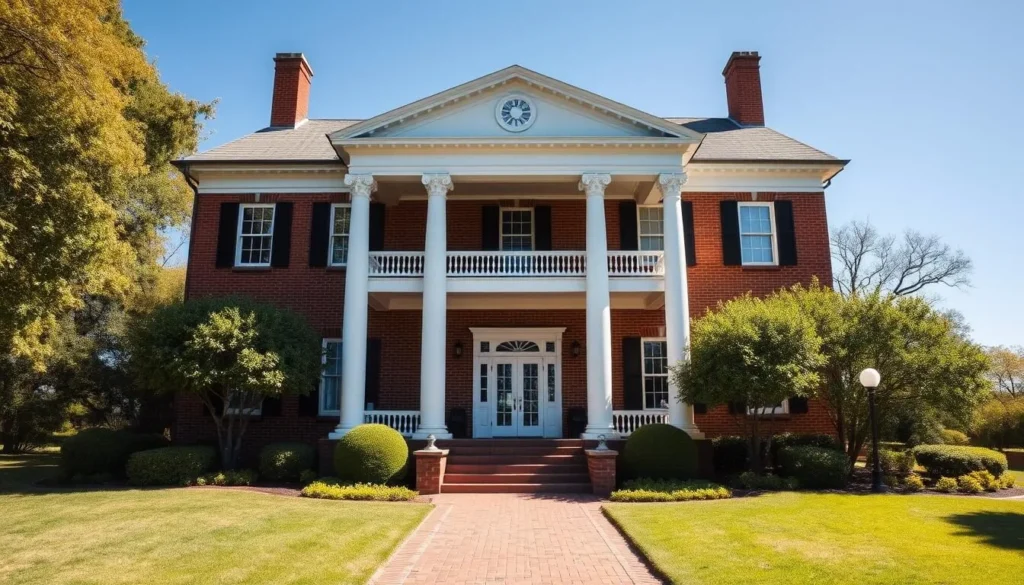 The historic Carnton plantation house in Franklin, Tennessee, a significant Civil War site with its white columns and red brick exterior The historic Carnton plantation house in Franklin, Tennessee, a significant Civil War site with its white columns and red brick exterior