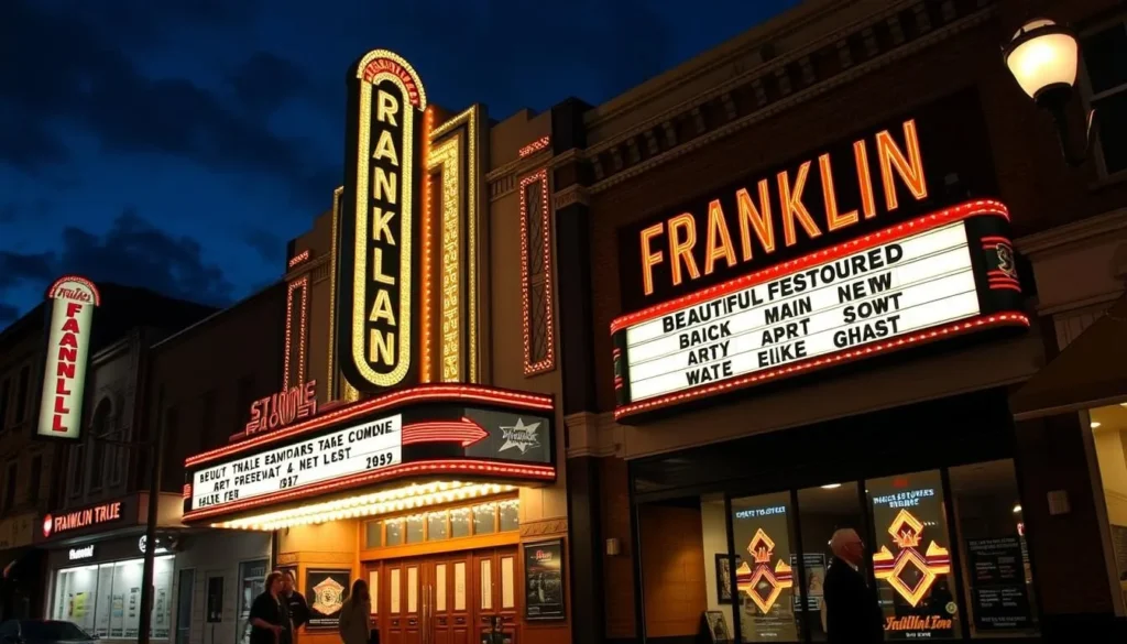 The historic Franklin Theatre lit up at night with its classic marquee on Main Street The historic Franklin Theatre lit up at night with its classic marquee on Main Street