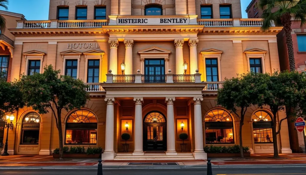 The historic Hotel Bentley in downtown Alexandria with its grand facade and entrance The historic Hotel Bentley in downtown Alexandria with its grand facade and entrance