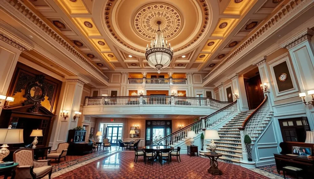 The historic Jefferson Hotel lobby in Richmond with grand staircase and elegant decor The historic Jefferson Hotel lobby in Richmond with grand staircase and elegant decor