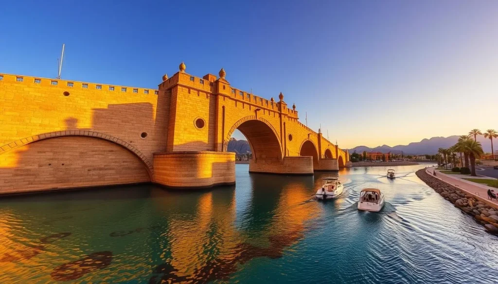 The historic London Bridge spanning the Bridgewater Channel in Lake Havasu City at sunset
