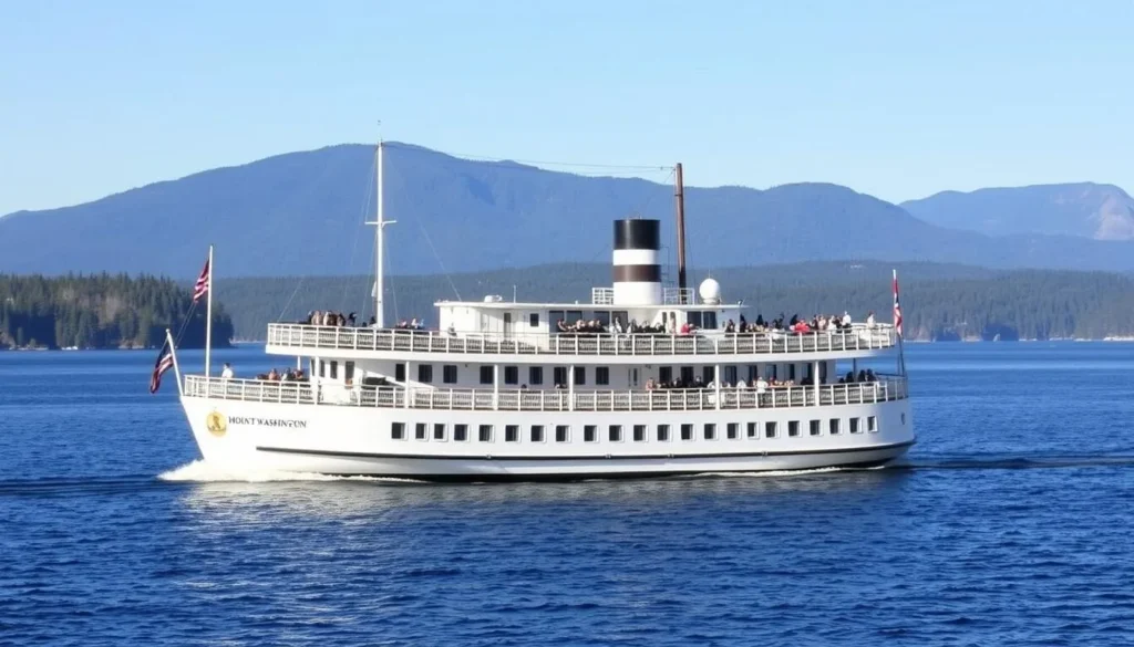 The historic M/S Mount Washington cruise ship sailing on Lake Winnipesaukee with passengers enjoying the views The historic M/S Mount Washington cruise ship sailing on Lake Winnipesaukee with passengers enjoying the views