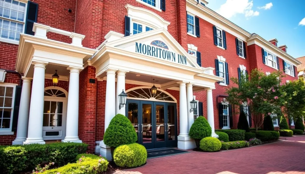 The historic Morristown Inn with its classic facade, landscaped entrance, and welcoming lobby The historic Morristown Inn with its classic facade, landscaped entrance, and welcoming lobby